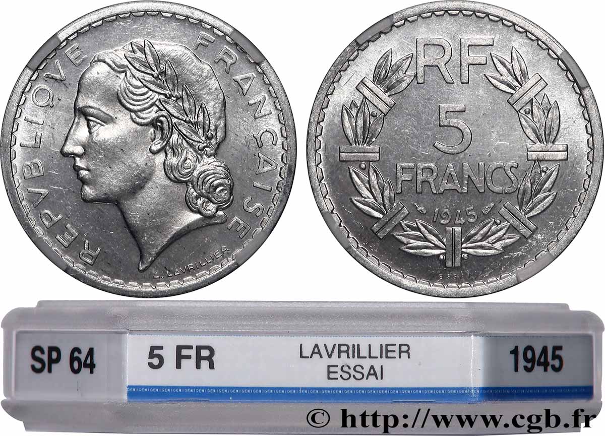 Essai de 5 francs Lavrillier, aluminium, 3,6 g 1945  F.339/1 SPL64 GENI