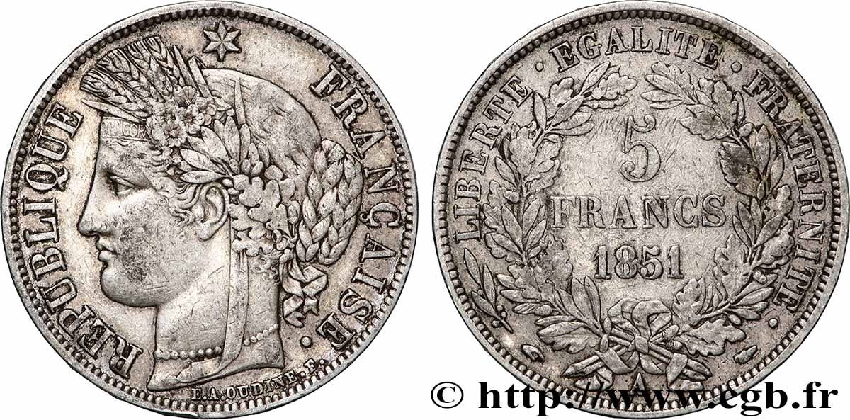 5 francs Cérès, IIe République 1851 Paris F.327/7 TB+ 