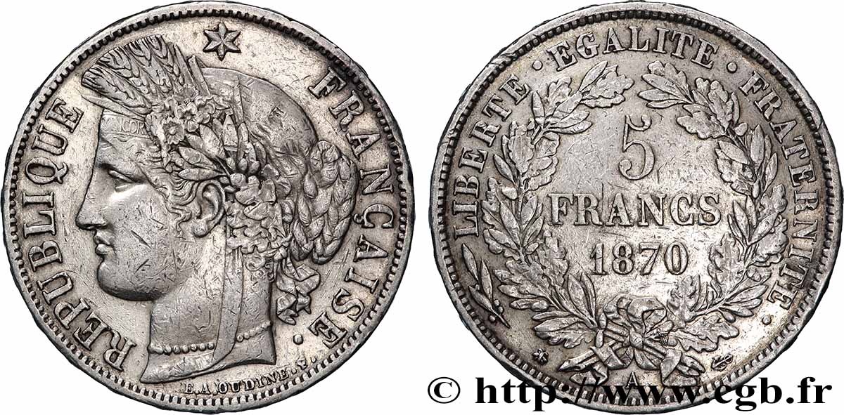 5 francs Cérès, avec légende 1870 Paris F.333/1 BC+ 