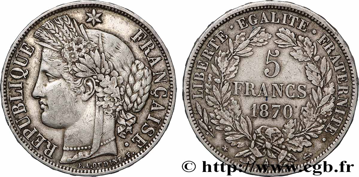 5 francs Cérès, avec légende 1870 Paris F.333/1 TB+ 