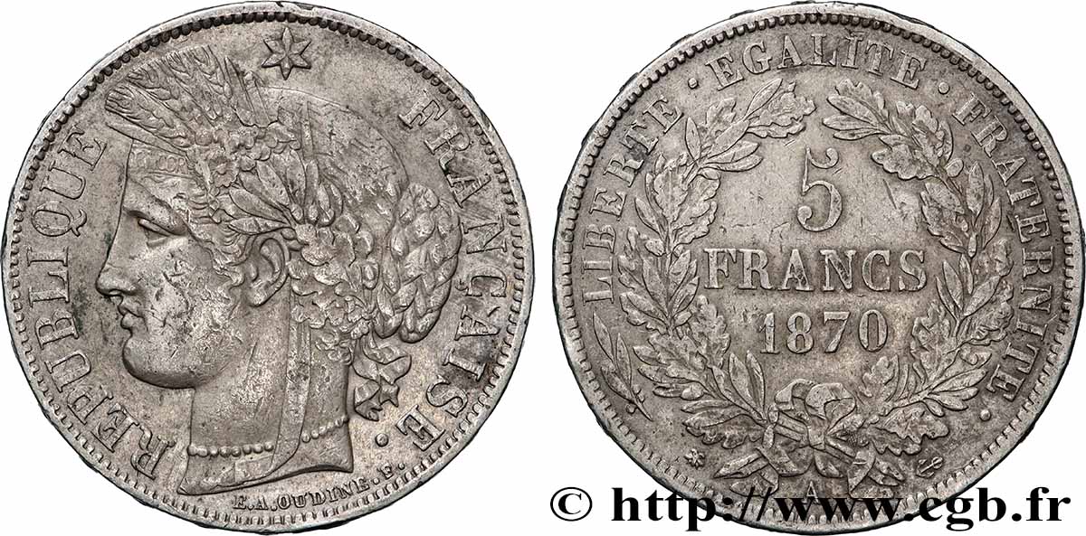 5 francs Cérès, avec légende 1870 Paris F.333/1 TB+ 