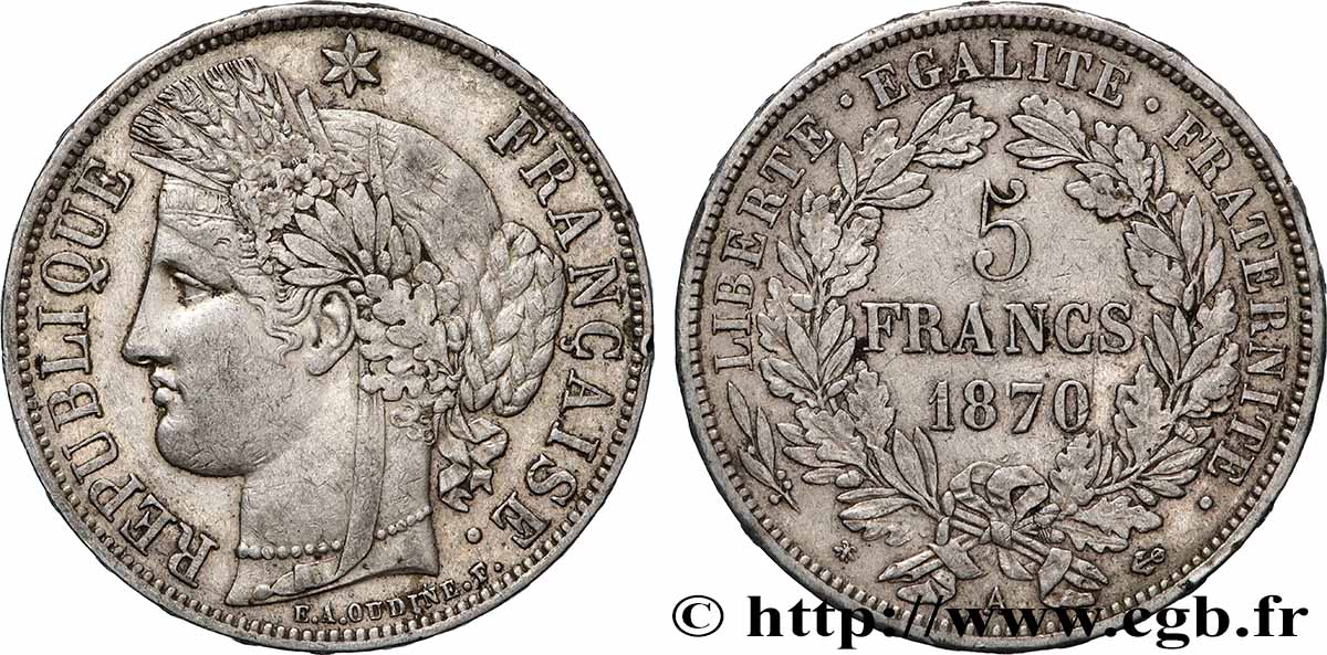 5 francs Cérès, avec légende 1870 Paris F.333/1 TB+ 