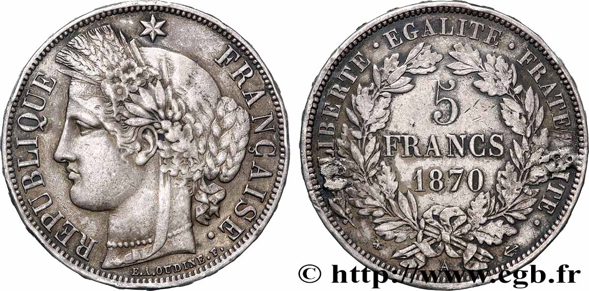 5 francs Cérès, avec légende 1870 Paris F.333/1 TB+ 