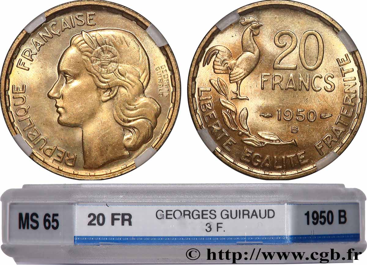 20 francs Georges Guiraud, 3 faucilles 1950 Beaumont-Le-Roger F.401/2 MS65 GENI