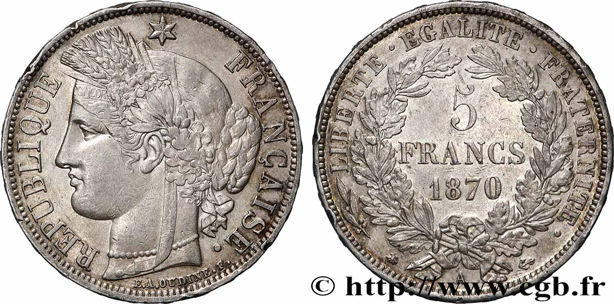 5 francs Cérès, avec légende 1870 Paris F.333/1 TTB 