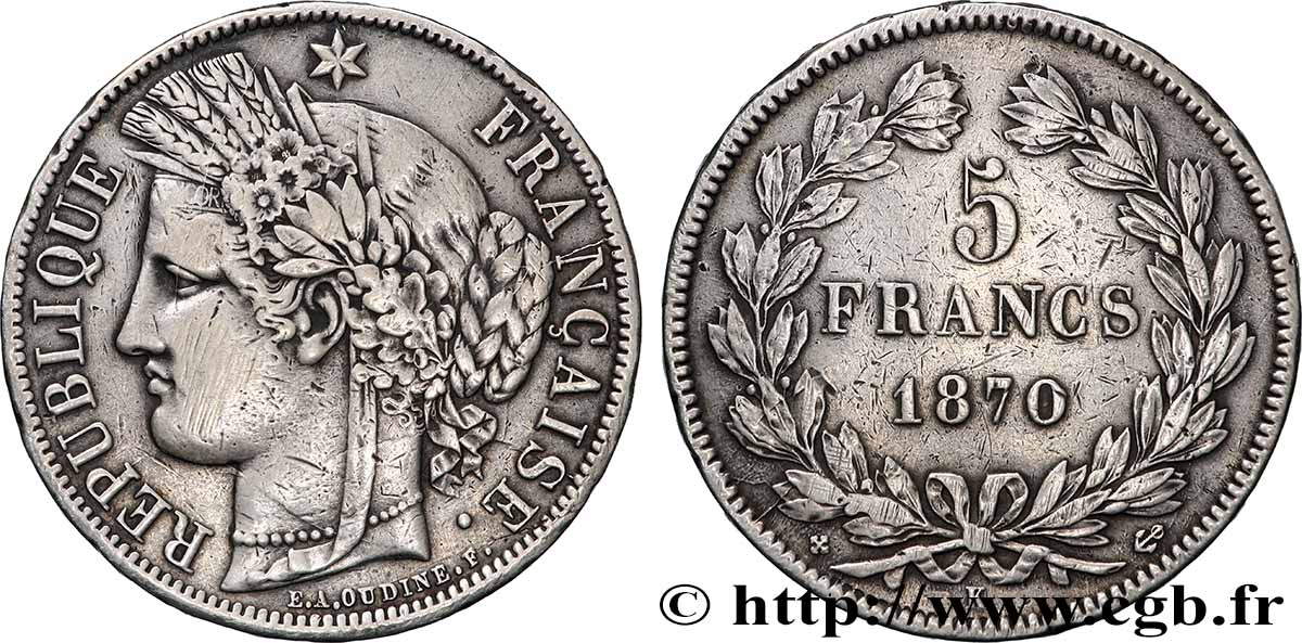 5 francs Cérès, sans légende 1870 Bordeaux F.332/2 TB+ 
