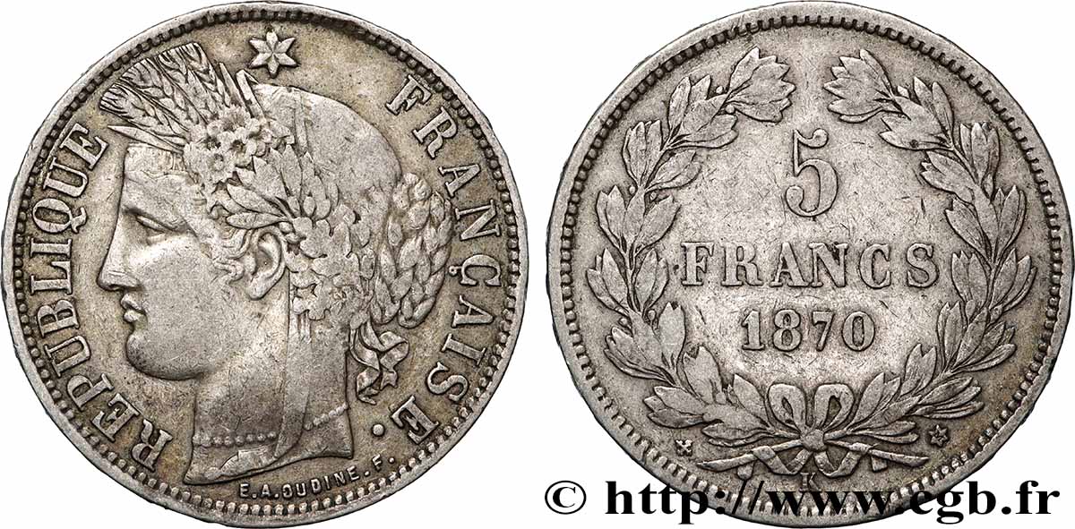 5 francs Cérès, sans légende 1870 Bordeaux F.332/5 TB 