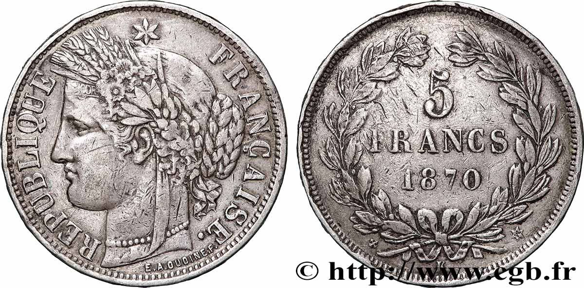 5 francs Cérès, sans légende 1870 Bordeaux F.332/3 TB 