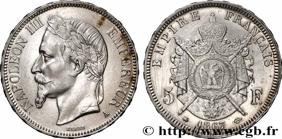 5 francs Napoléon III, tête laurée 1867 Paris F.331/10 XF 