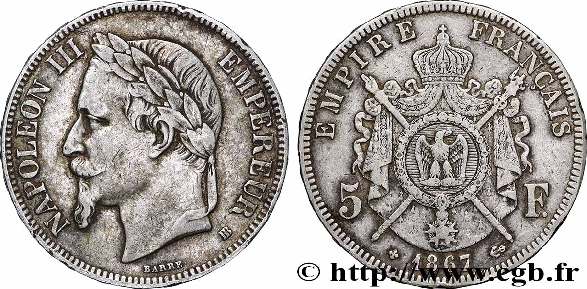 5 francs Napoléon III, tête laurée 1867 Strasbourg F.331/11 TB 