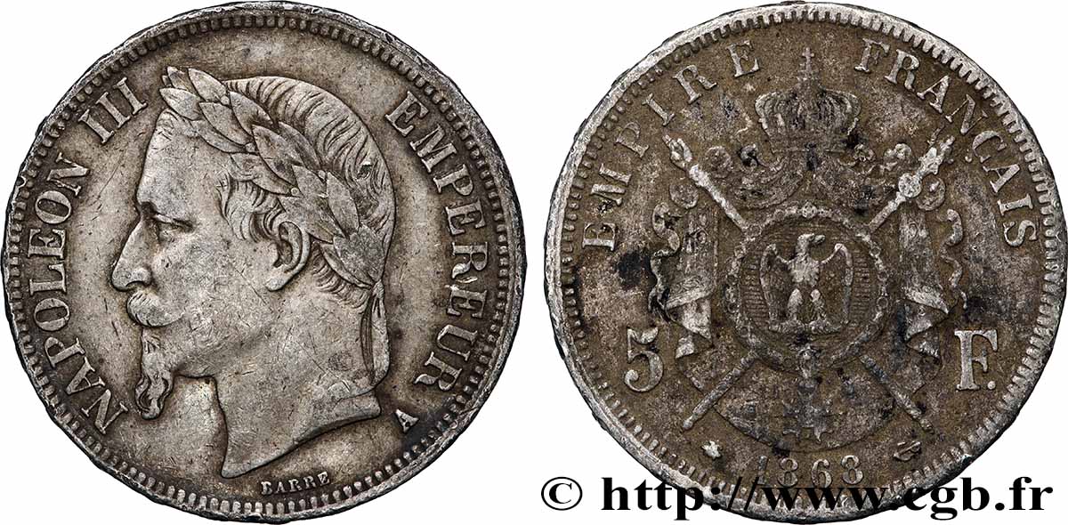5 francs Napoléon III, tête laurée 1868 Paris F.331/12 TB+ 