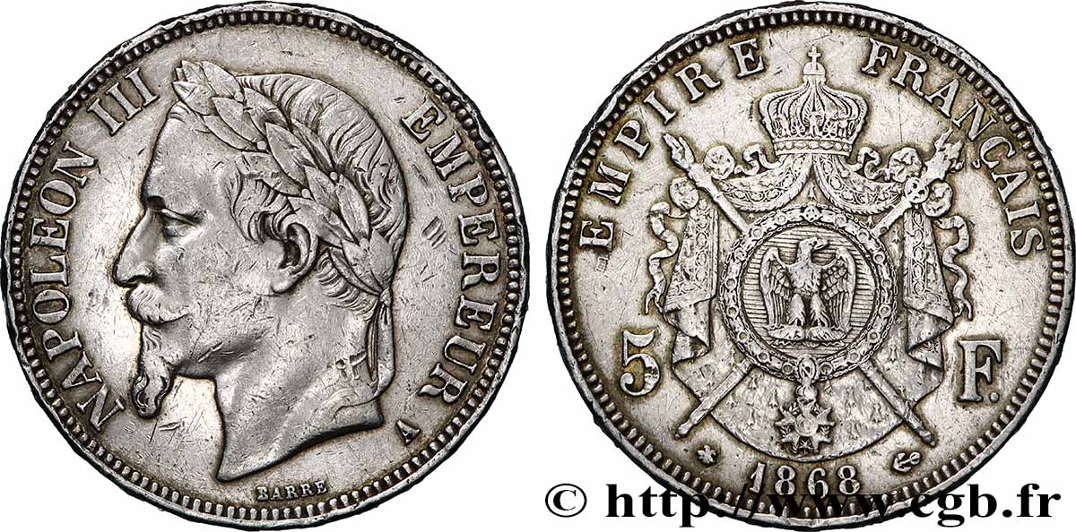 5 francs Napoléon III, tête laurée 1868 Paris F.331/12 VF 