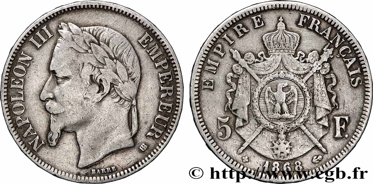5 francs Napoléon III, tête laurée 1868 Strasbourg F.331/13 S 