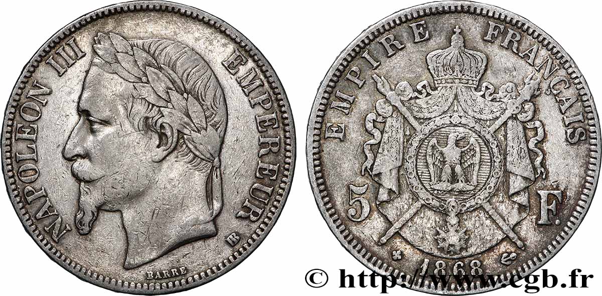 5 francs Napoléon III, tête laurée 1868 Strasbourg F.331/13 VF 