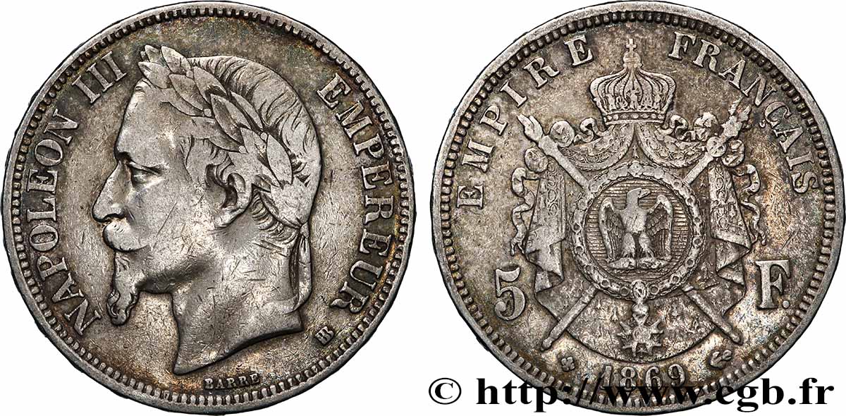 5 francs Napoléon III, tête laurée 1869 Strasbourg F.331/15 TB 