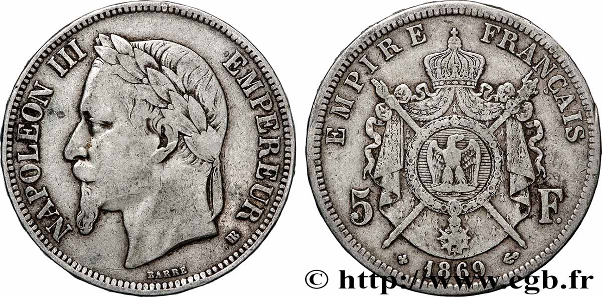 5 francs Napoléon III, tête laurée 1869 Strasbourg F.331/15 TB 