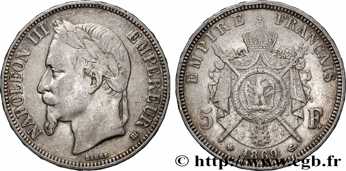 5 francs Napoléon III, tête laurée 1869 Strasbourg F.331/15 S 