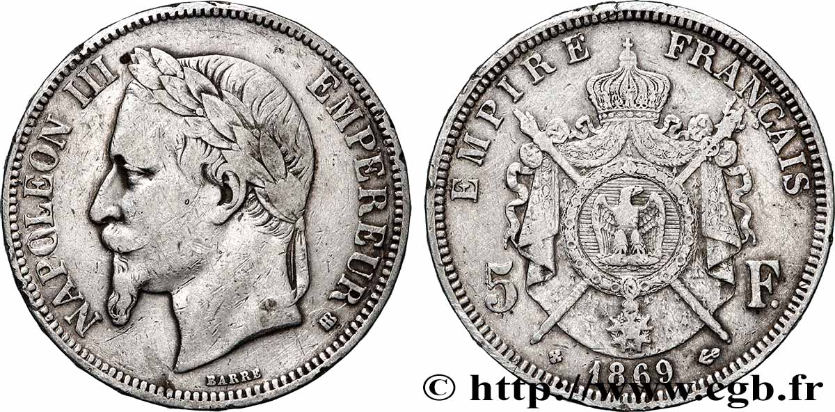 5 francs Napoléon III, tête laurée 1869 Strasbourg F.331/15 TB 