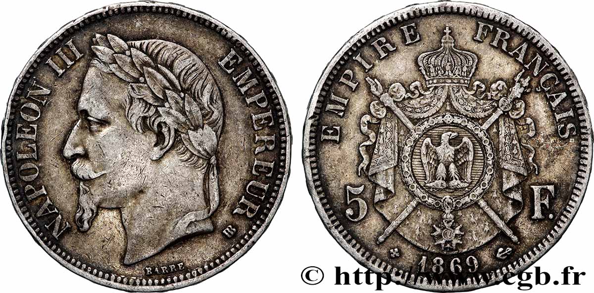 5 francs Napoléon III, tête laurée 1869 Strasbourg F.331/15 TTB 