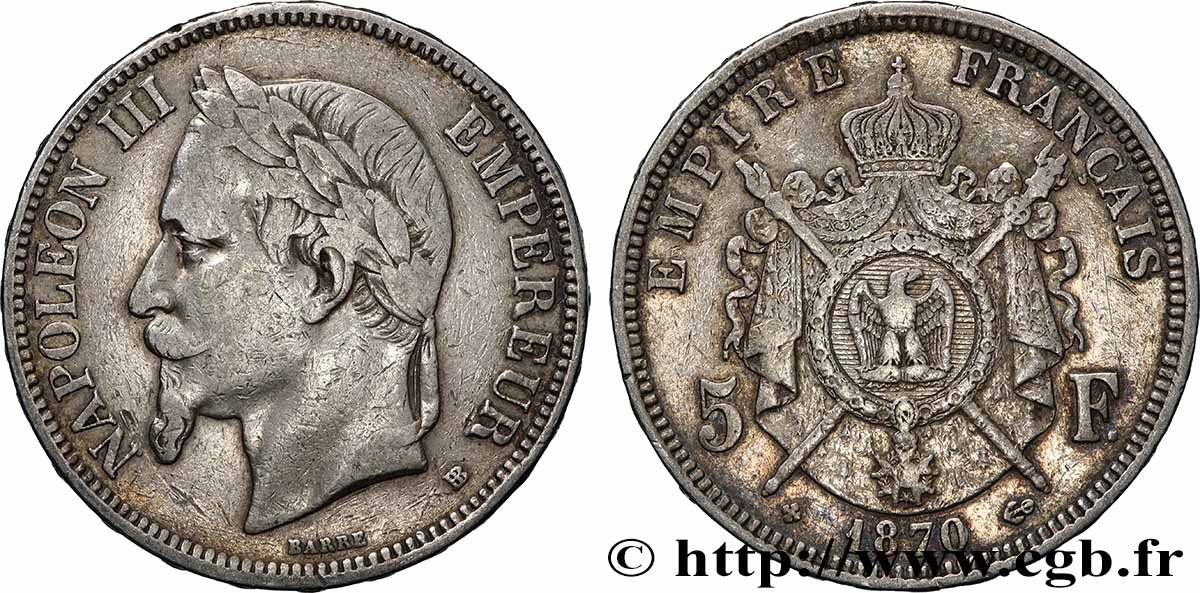 5 francs Napoléon III, tête laurée 1870 Strasbourg F.331/17 TB 
