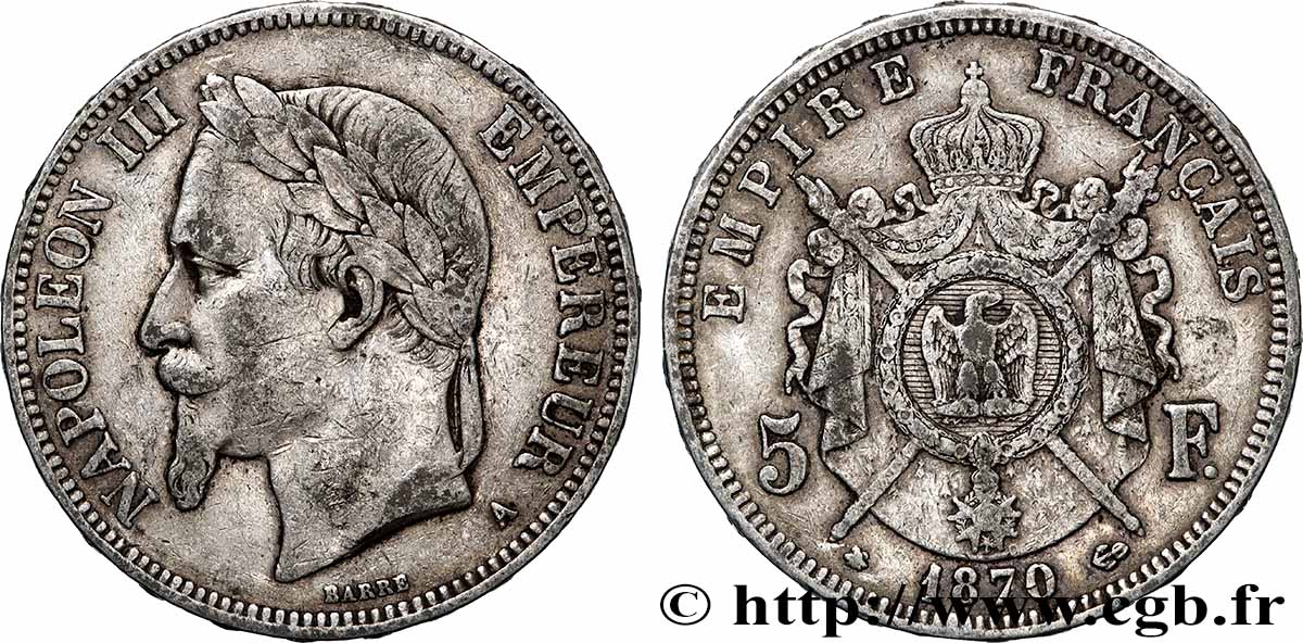 5 francs Napoléon III, tête laurée 1870 Paris F.331/16 TB 