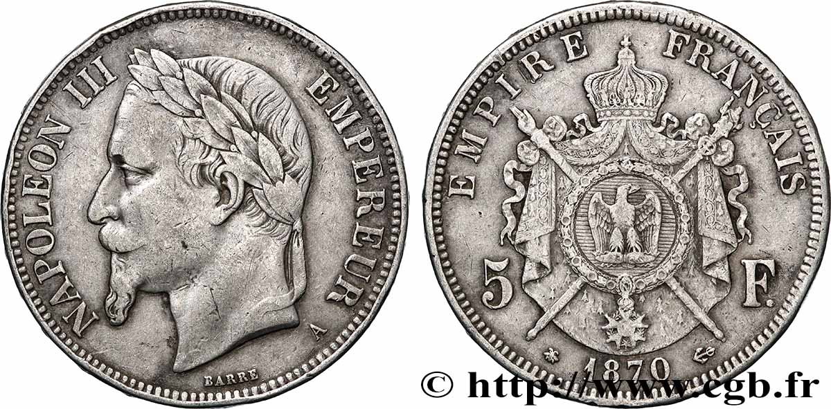 5 francs Napoléon III, tête laurée 1870 Paris F.331/16 TB+ 