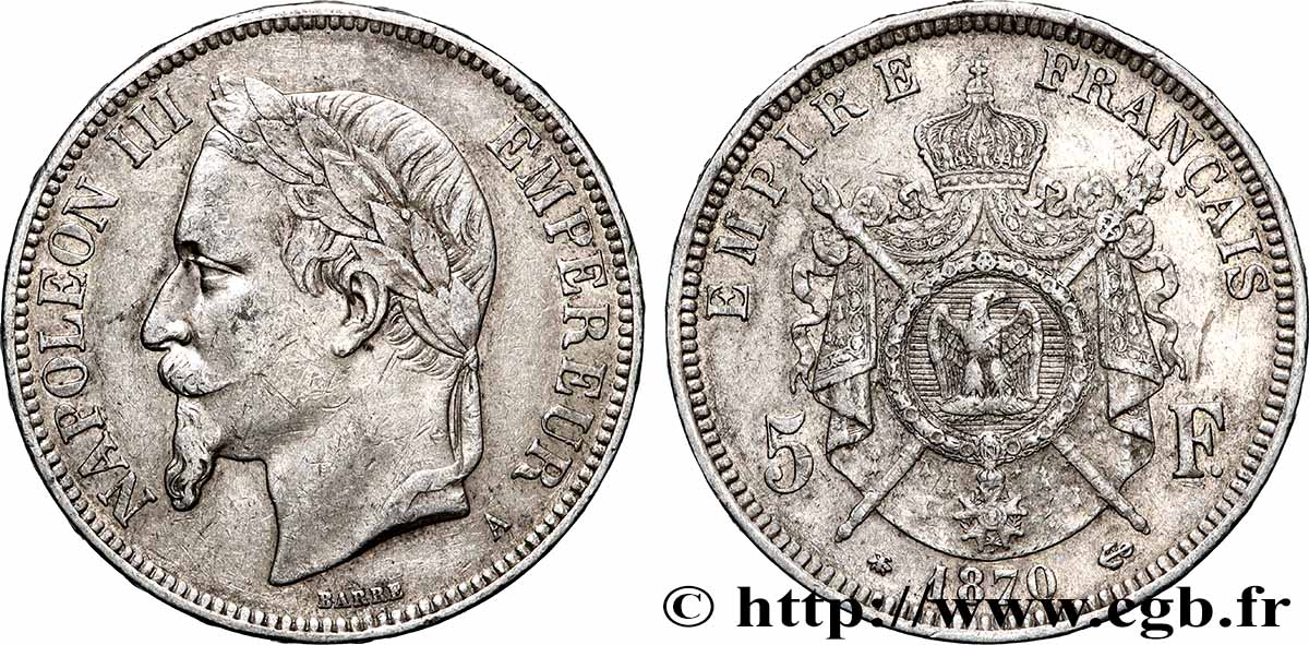 5 francs Napoléon III, tête laurée 1870 Paris F.331/16 BC+ 
