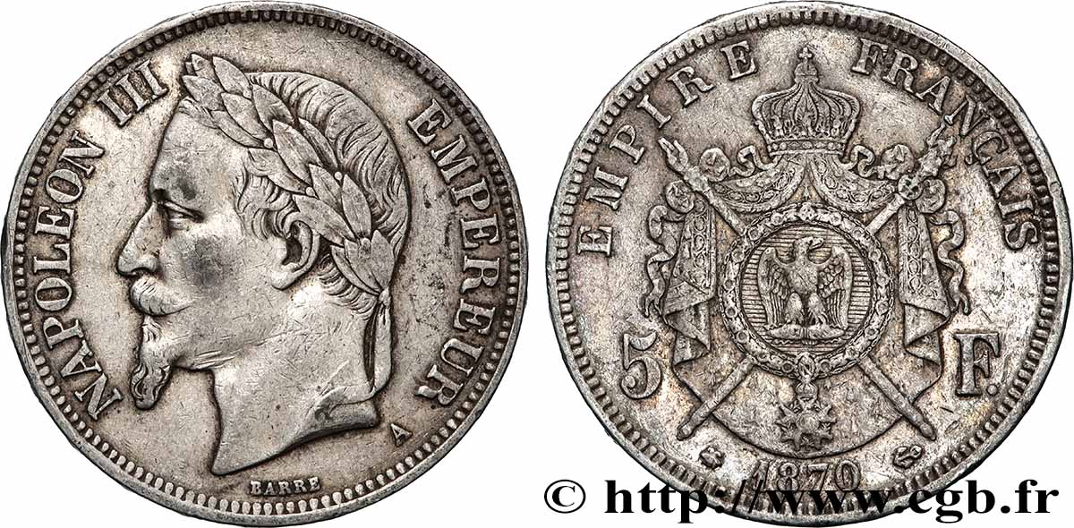 5 francs Napoléon III, tête laurée 1870 Paris F.331/16 VF 