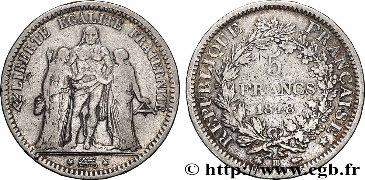 5 francs Hercule, IIe République 1848 Strasbourg F.326/2 TB 
