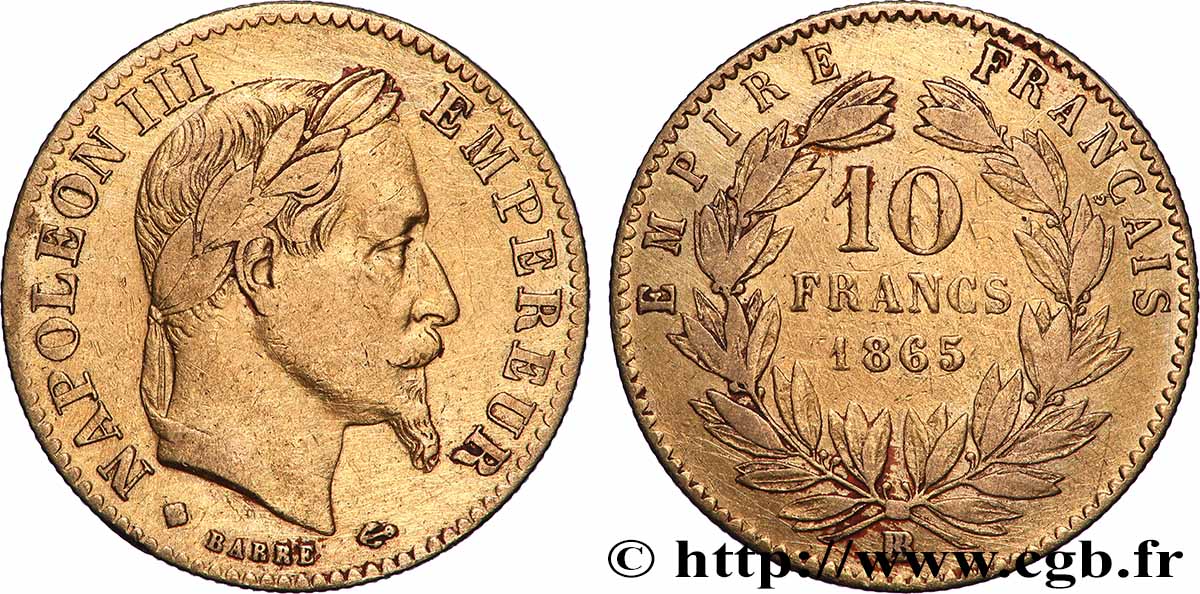 10 francs or Napoléon III, tête laurée, type définitif à grand 10, Grand BB 1865 Strasbourg F.507A/11 TB+ 