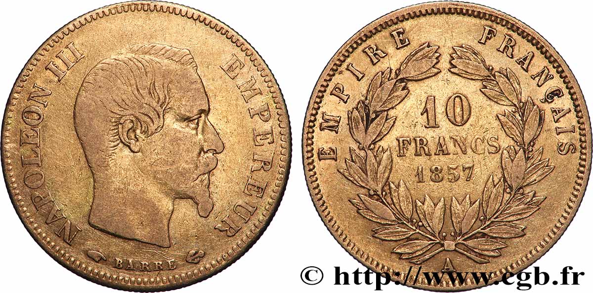 10 francs or Napoléon III, tête nue 1857 Paris F.506/4 VF 