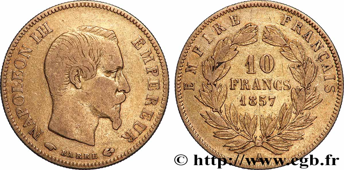 10 francs or Napoléon III, tête nue 1857 Paris F.506/4 MB 