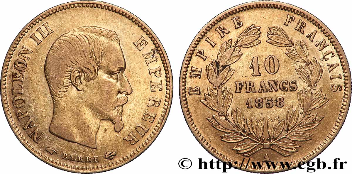 10 francs or Napoléon III, tête nue, grand module 1858 Paris F.506/5 MB 