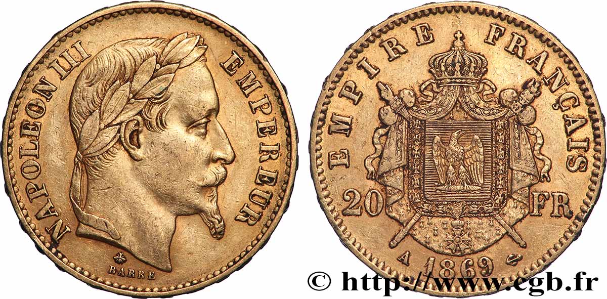 20 francs or Napoléon III, tête laurée 1869 Paris F.532/20 q.BB 