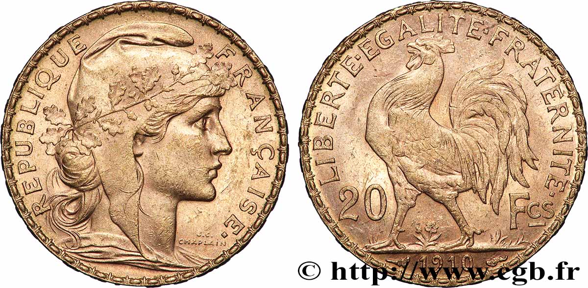 20 francs or Coq, Liberté Égalité Fraternité 1910 Paris F.535/4 XF 