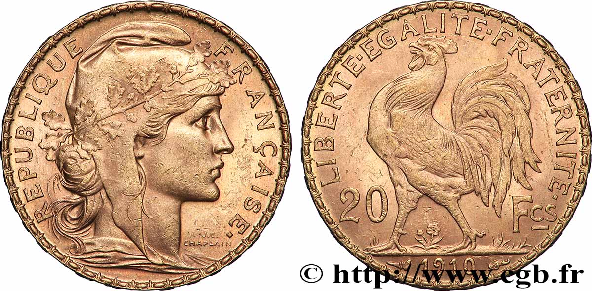 20 francs or Coq, Liberté Égalité Fraternité 1910 Paris F.535/4 TTB 