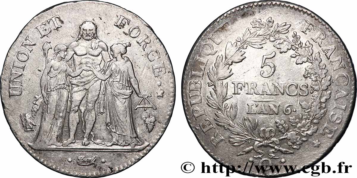 5 francs Union et Force, Union serré, seulement gland extérieur 1798 Perpignan F.288/76 XF 