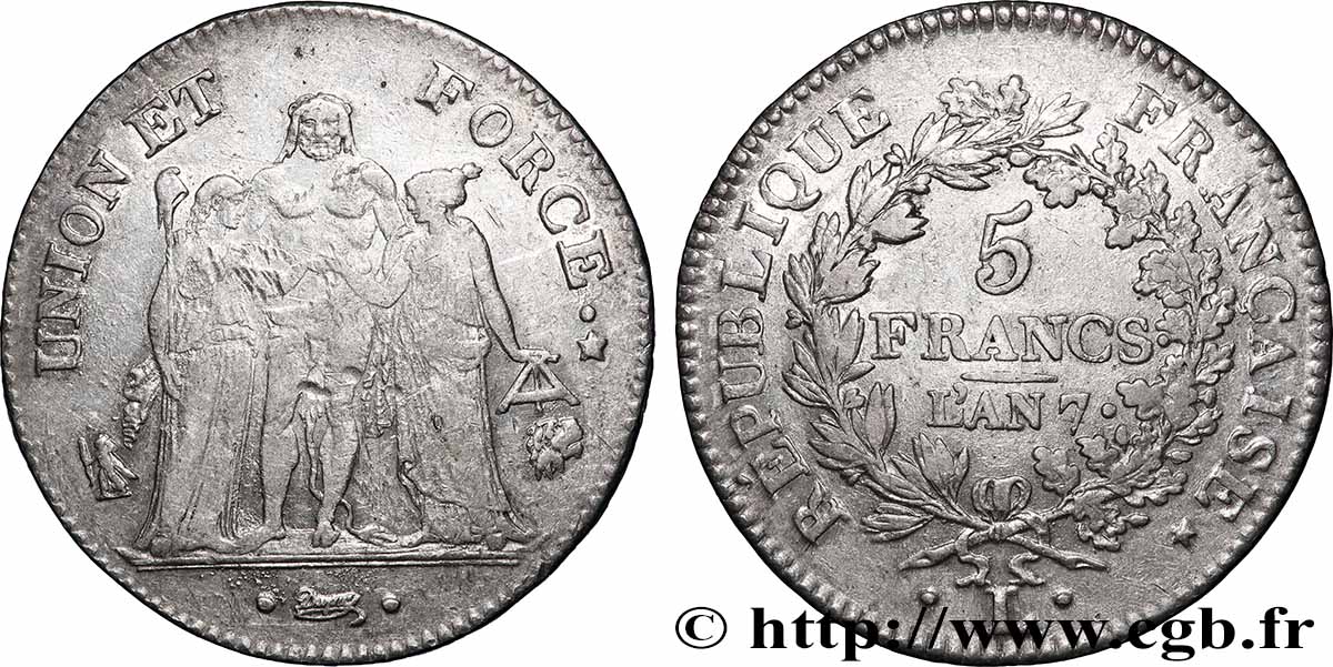 5 francs Union et Force, Union serré, seulement gland extérieur 1799 Bayonne F.288/112 TB 