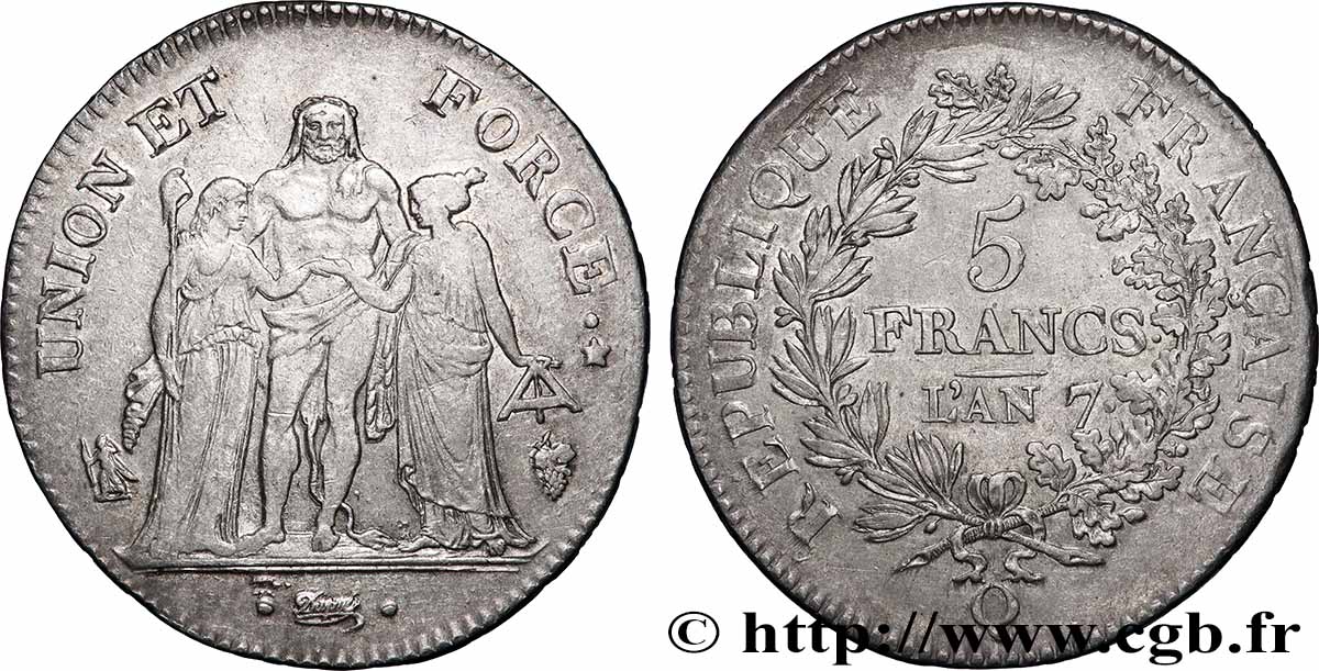 5 francs Union et Force, Union serré, avec glands intérieurs et gland extérieur 1799 Perpignan F.288/120 BB 