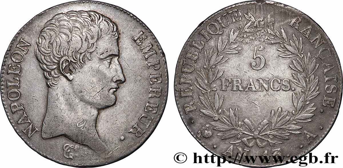 5 francs Napoléon Empereur, Calendrier révolutionnaire 1805 Paris F.303/2 TB+ 