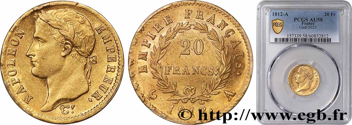 20 francs or Napoléon, tête laurée, Empire français 1812 Paris F.516/22 AU58 PCGS