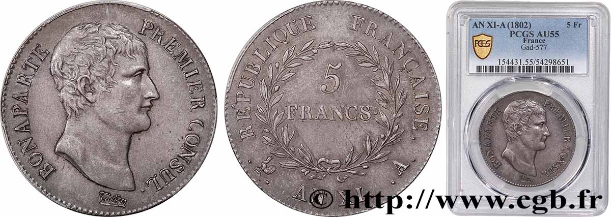 5 francs Bonaparte Premier Consul 1803 Paris F.301/1 AU55 PCGS