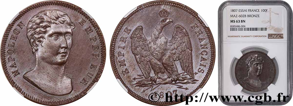 Module de 100 francs, essai de Vassallo 1807 Gênes T.T.1508 3 MS63 NGC