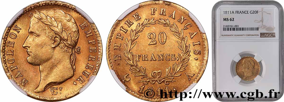 20 francs or Napoléon, tête laurée, Empire français 1811 Paris F.516/16 SUP62 NGC