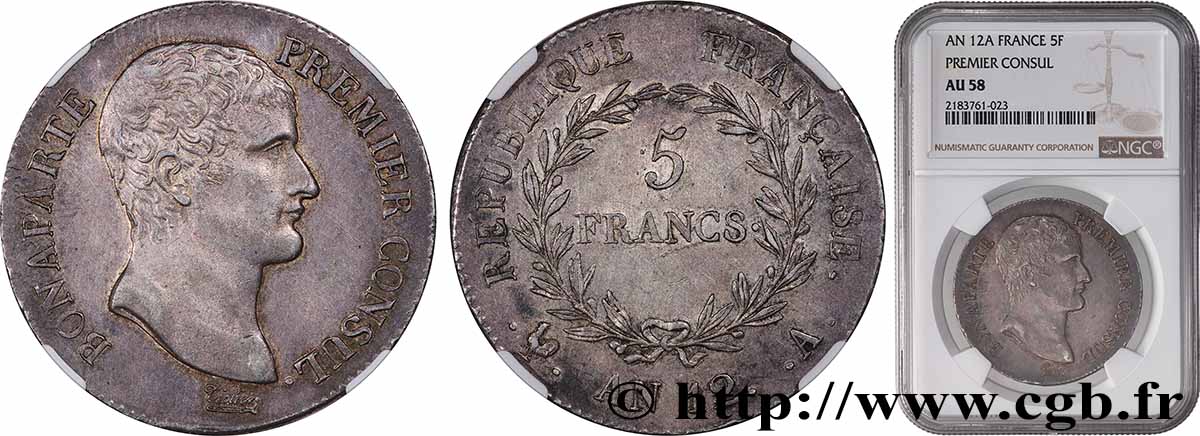 5 francs Bonaparte Premier Consul 1804 Paris F.301/9 AU58 NGC