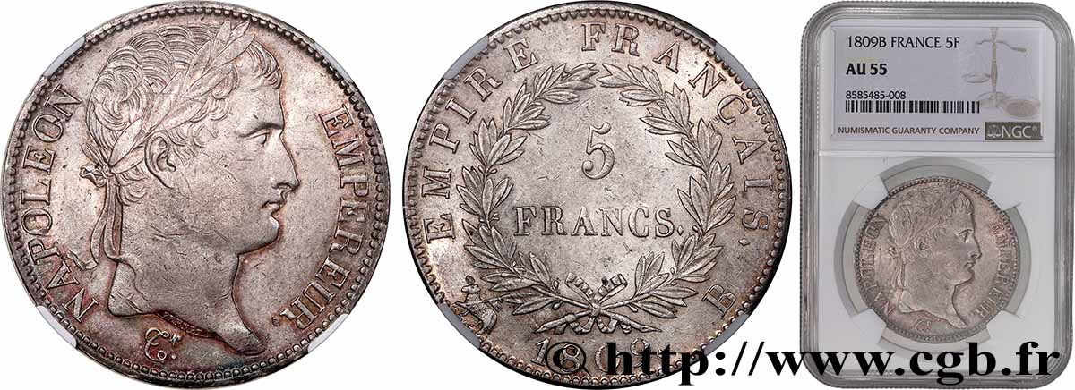 5 francs Napoléon Empereur, Empire français 1809 Rouen F.307/2 AU55 NGC