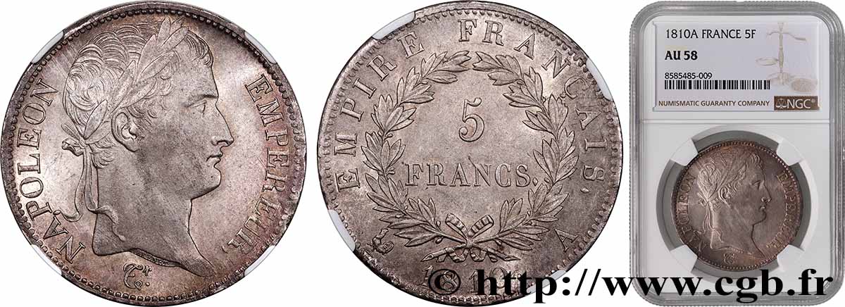 5 francs Napoléon Empereur, Empire français 1810 Paris F.307/14 AU58 NGC