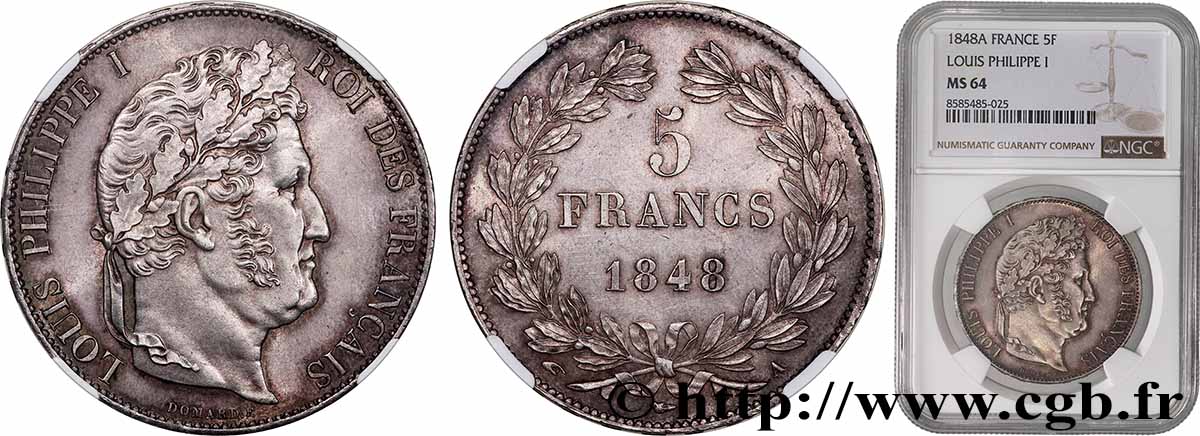 5 francs IIIe type Domard 1848 Paris F.325/17 MS64 NGC