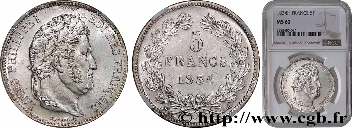 5 francs IIe type Domard 1834 La Rochelle F.324/33 MS62 NGC