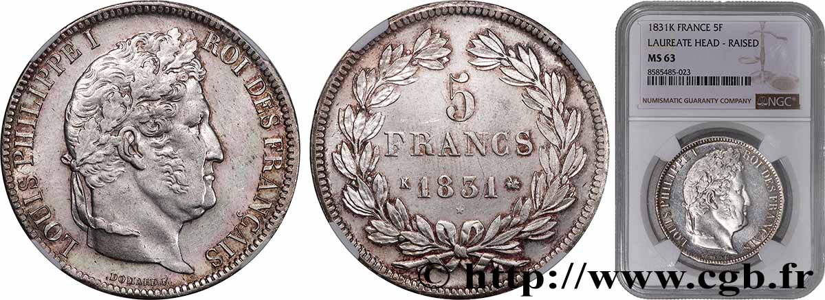 5 francs Ier type Domard, tranche en relief 1831 Bordeaux F.320/7 SPL63 NGC